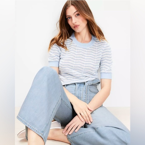LOFT Tops - NWOT - LOFT Blue and White Striped Knit Top - Size Large
